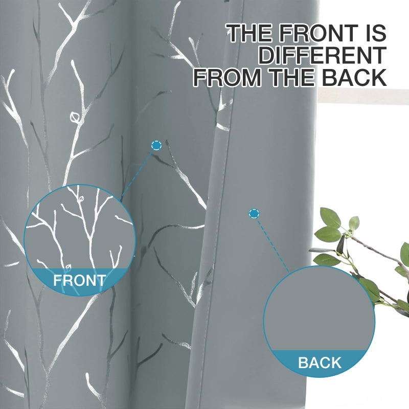 BUHUA Blackout Curtains Silver Foil Print Tree Branches Grommet Drapes  Room Darkening Thermal Insulated Curtains  Noise Reducing Blackout Curtain for Bedroom  Light Grey  52Wx63L  2 Panels - Image 4